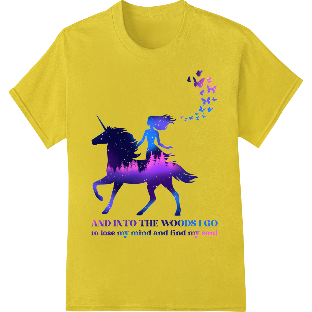 Mystical Unicorn Adventure: Find Your Soul in the Woods on yellow shirt - SUPERDTF-DTF Prints-DTF Transfers-Custom DTF Prints