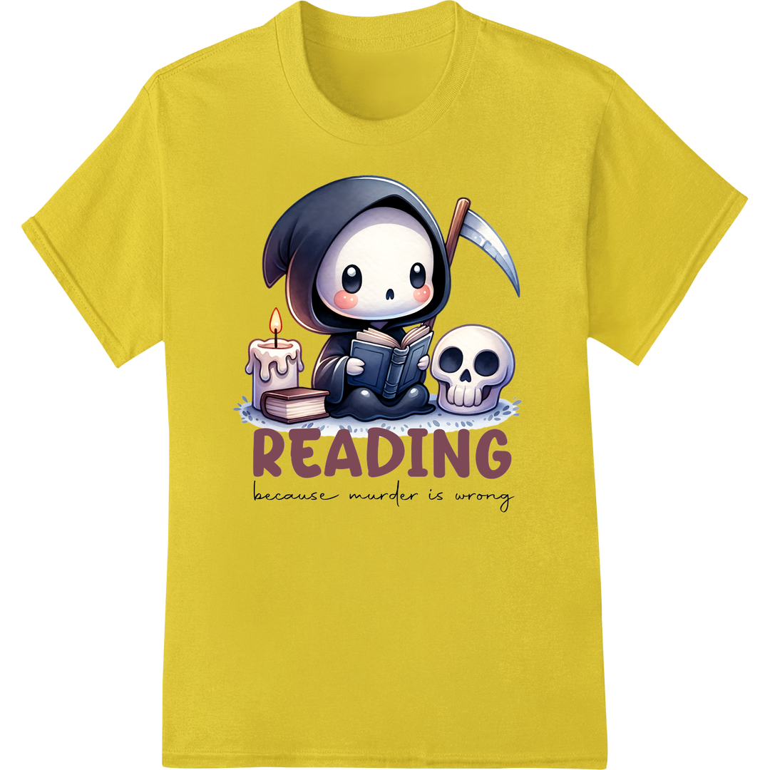 Adorable Reading Grim Reaper DTF Print Heat Transfer on yellow shirt - SUPERDTF-DTF Prints-DTF Transfers-Custom DTF Prints