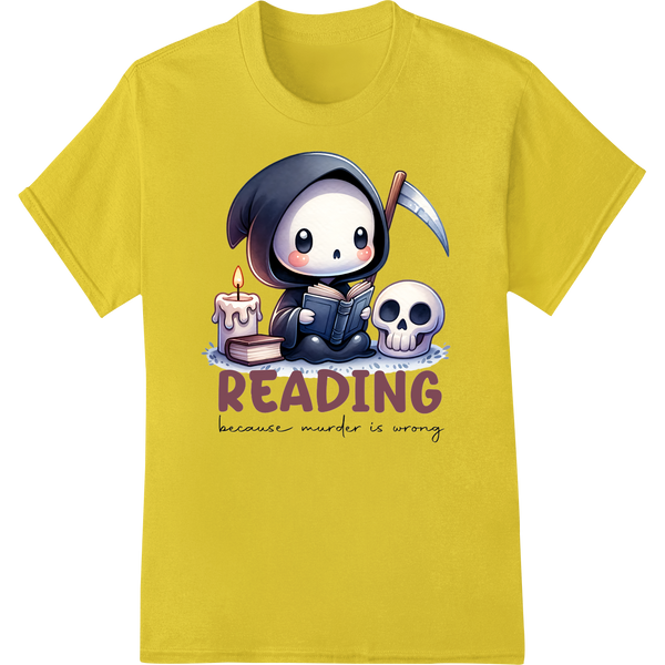 Adorable Reading Grim Reaper DTF Print Heat Transfer on yellow shirt - SUPERDTF-DTF Prints-DTF Transfers-Custom DTF Prints