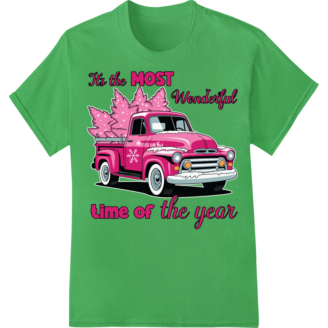 Vintage Pink Truck Christmas DTF Print Heat Transfer on green shirt - SUPERDTF-DTF Prints-DTF Transfers-Custom DTF Prints