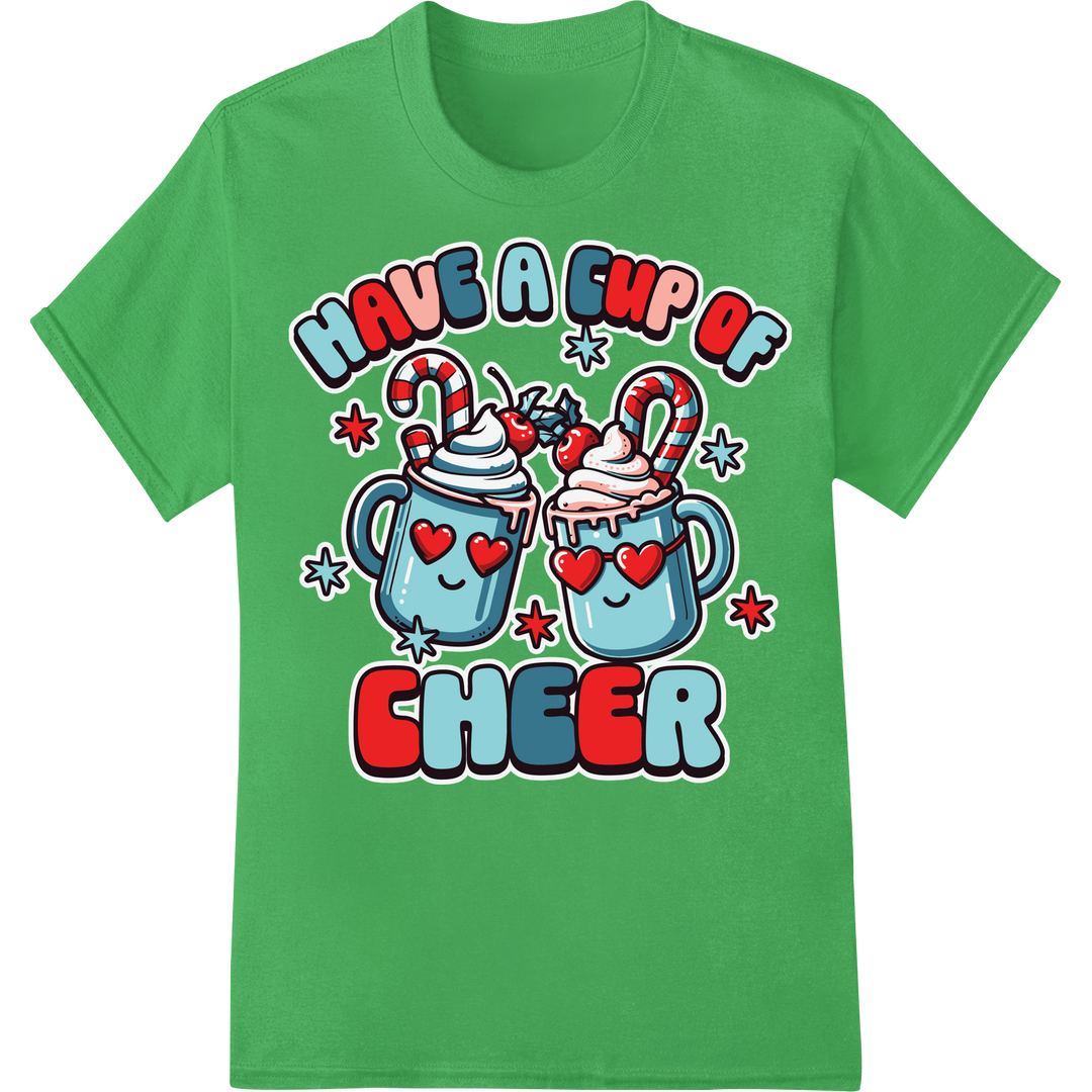 Groovy Christmas Cheer: Adorable Cocoa Mug DTF Print on green shirt - SUPERDTF-DTF Prints-DTF Transfers-Custom DTF Prints