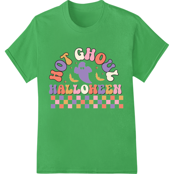 Cute ghost design in orange and black colors, perfect for Halloween DTF heat transfers and custom t-shirt printing.