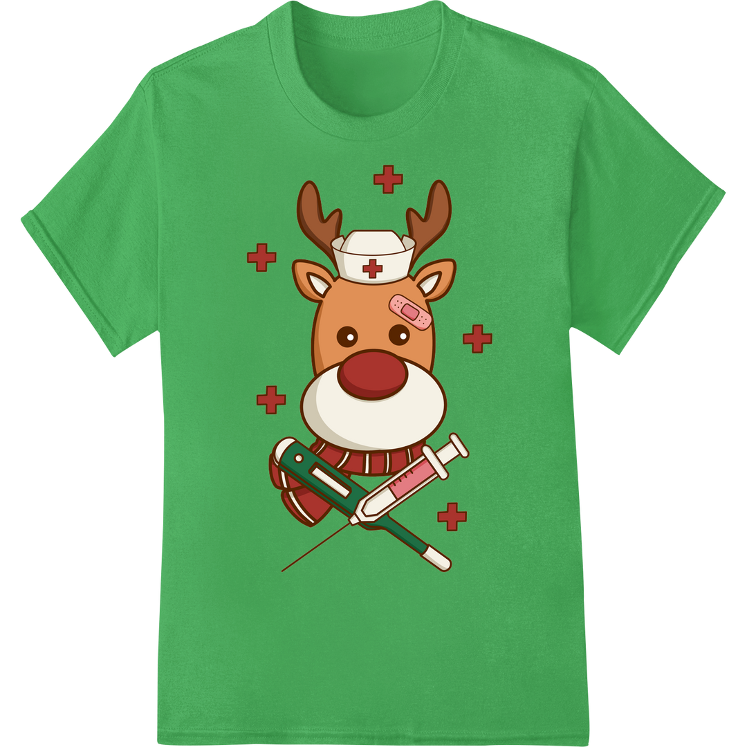 Adorable Christmas Nurse Reindeer DTF Print Heat Transfer on green shirt - SUPERDTF-DTF Prints-DTF Transfers-Custom DTF Prints