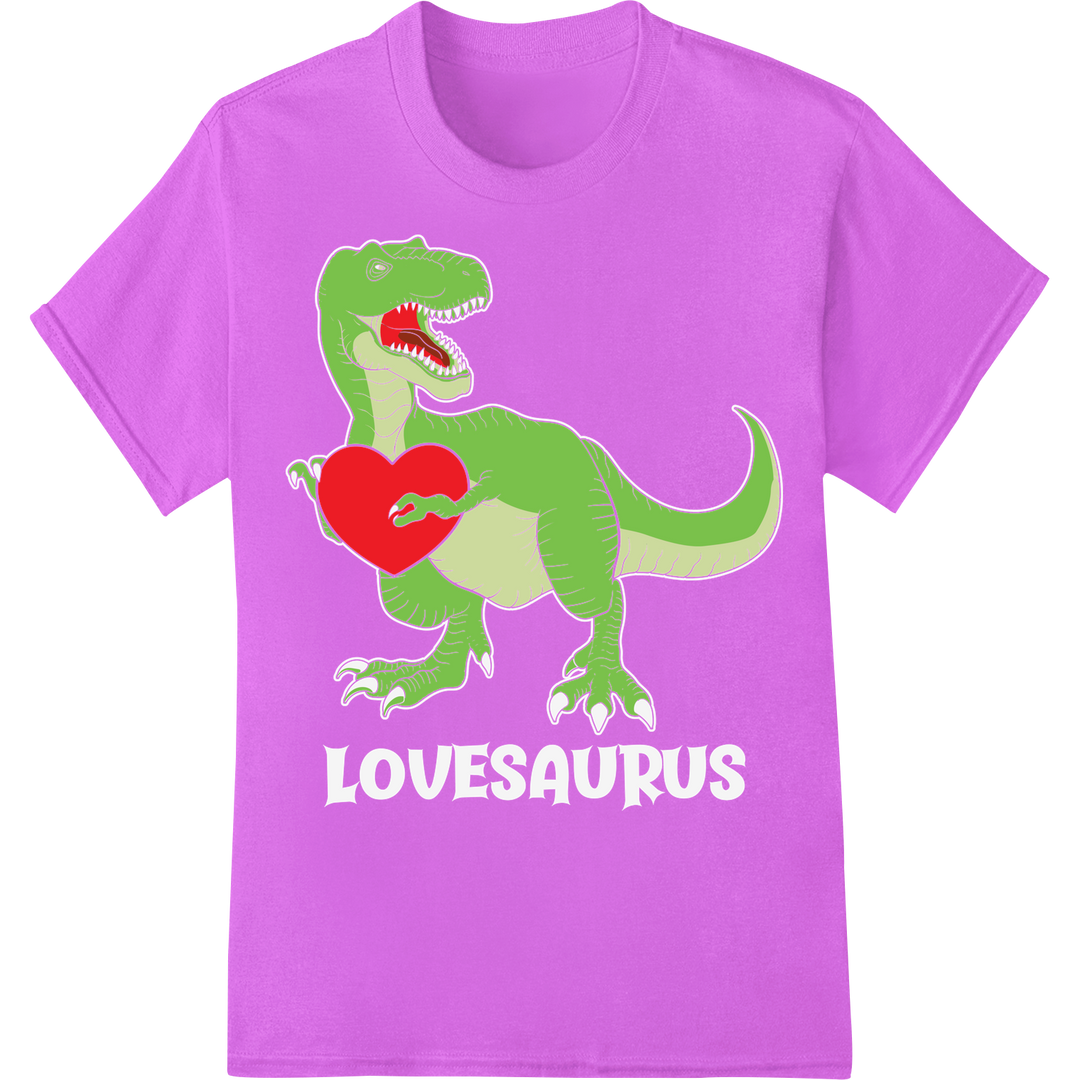 Retro Dino Love: Quirky Valentine's Day DTF Print Transfer on purple shirt - SUPERDTF-DTF Prints-DTF Transfers-Custom DTF Prints