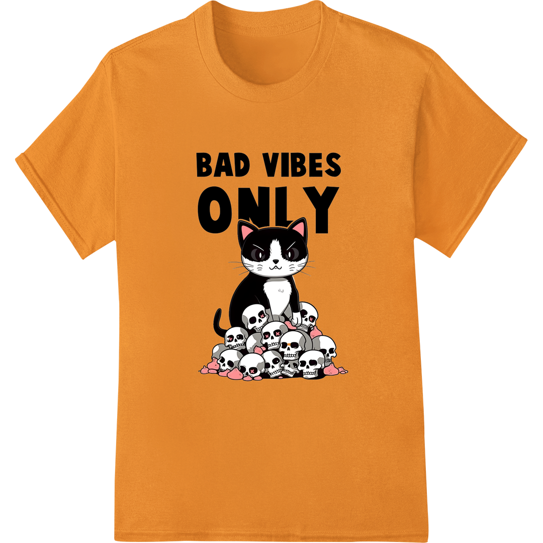 Bad Vibes Only Cat Skull Print | Edgy Halloween DTF Transfer on orange shirt - SUPERDTF-DTF Prints-DTF Transfers-Custom DTF Prints