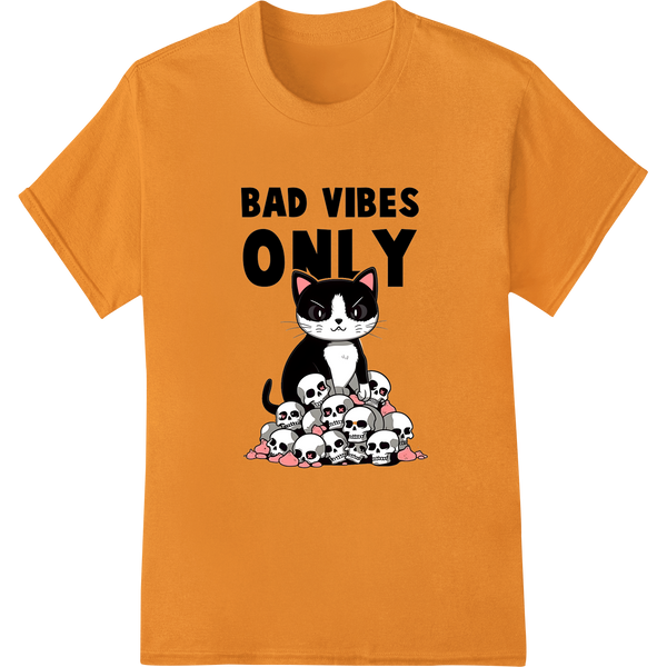 Bad Vibes Only Cat Skull Print | Edgy Halloween DTF Transfer on orange shirt - SUPERDTF-DTF Prints-DTF Transfers-Custom DTF Prints