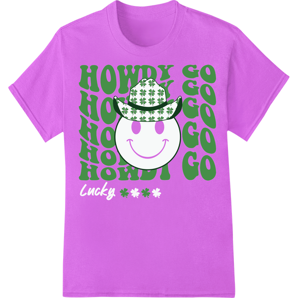 Lucky Howdy Go Go: Festive St. Patrick's Day DTF Print on purple shirt - SUPERDTF-DTF Prints-DTF Transfers-Custom DTF Prints