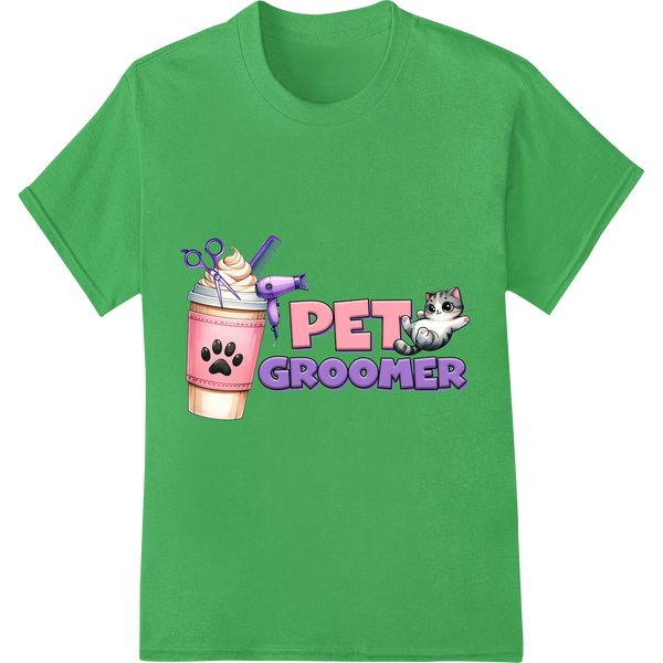 Adorable 'PET GROOMER' Cat DTF Print Heat Transfer on green shirt - SUPERDTF-DTF Prints-DTF Transfers-Custom DTF Prints