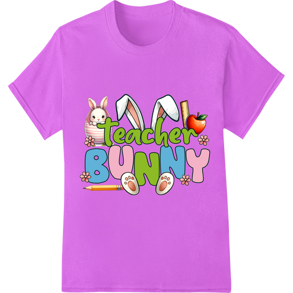 Retro Teacher Bunny: Adorable Easter DTF Print Transfer on purple shirt - SUPERDTF-DTF Prints-DTF Transfers-Custom DTF Prints