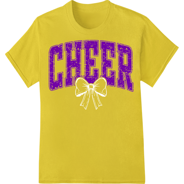 Bold 'CHEER' Purple Distressed Text Heat Transfer on yellow shirt - SUPERDTF-DTF Prints-DTF Transfers-Custom DTF Prints