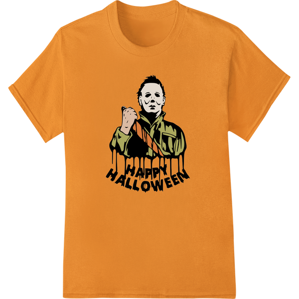 A spooky illustration of the horror movie villain Michael Myers wielding a large knife, perfect for Halloween DTF prints.