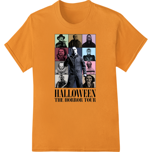 Halloween Horror Tour heat transfer design featuring spooky ghosts, jack-o-lanterns, and zombies for custom t-shirt printing.