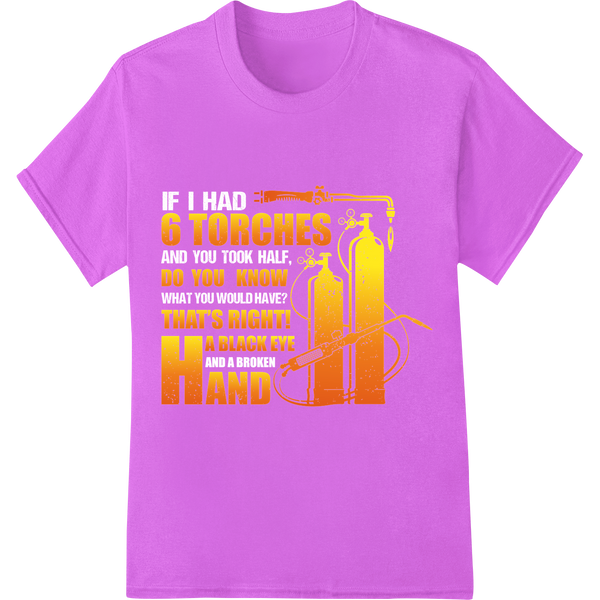 Witty Welder's Torch: 6 Torches & A Black Eye Hand DTF Print on purple shirt - SUPERDTF-DTF Prints-DTF Transfers-Custom DTF Prints