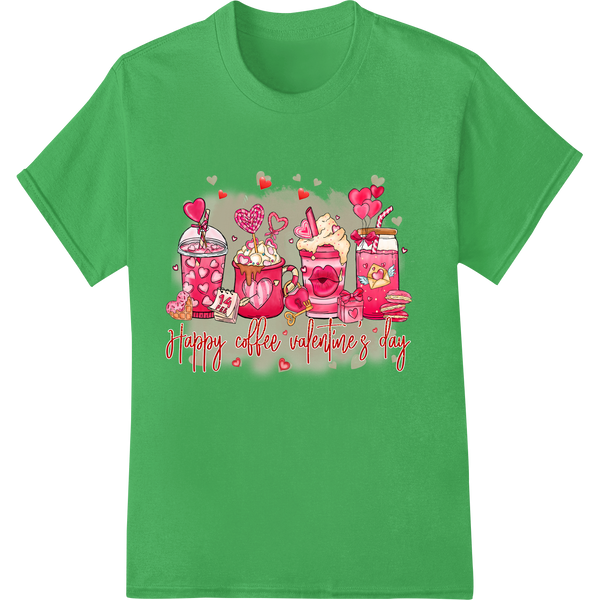 Adorable 'Happy Coffee Valentine's Day' DTF Print Transfer on green shirt - SUPERDTF-DTF Prints-DTF Transfers-Custom DTF Prints