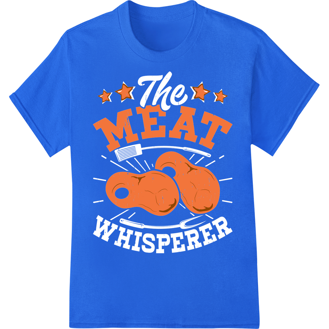 Sizzling 'MEAT' BBQ DTF Print Heat Transfer | Grill in Style on blue shirt - SUPERDTF-DTF Prints-DTF Transfers-Custom DTF Prints