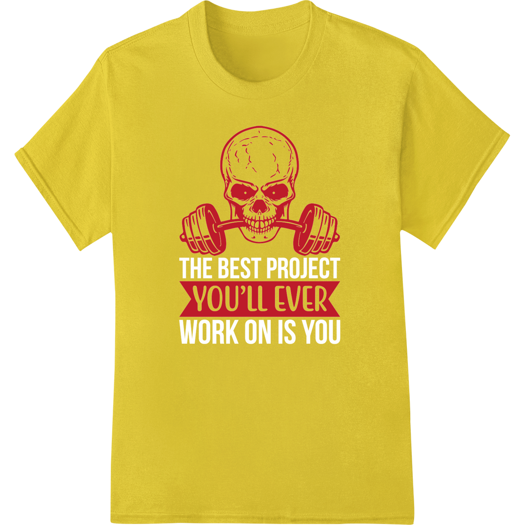 Edgy Skull Gym DTF Print | Fitness Apparel Heat Transfer on yellow shirt - SUPERDTF-DTF Prints-DTF Transfers-Custom DTF Prints