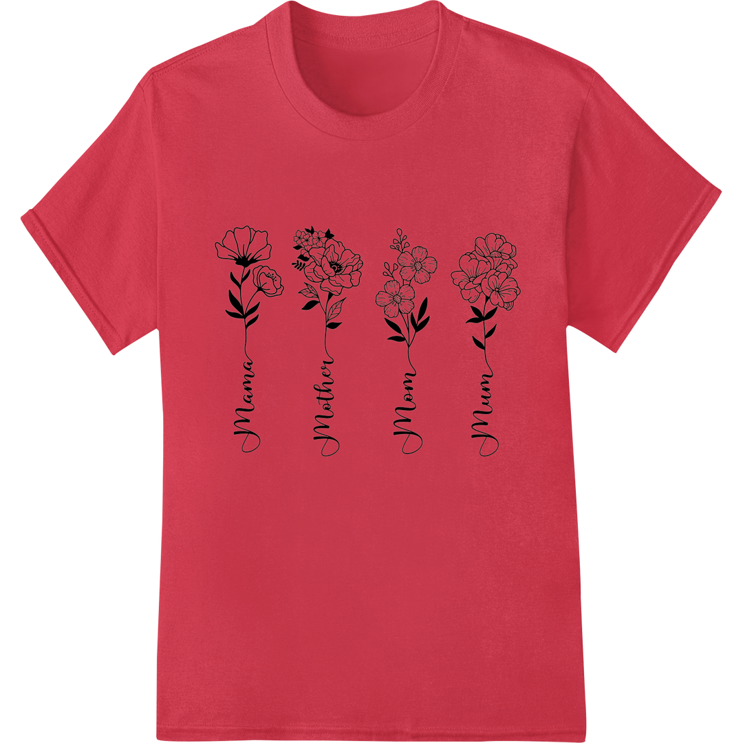 Elegant Mother's Day Floral Line Art DTF Print Transfer on red shirt - SUPERDTF-DTF Prints-DTF Transfers-Custom DTF Prints