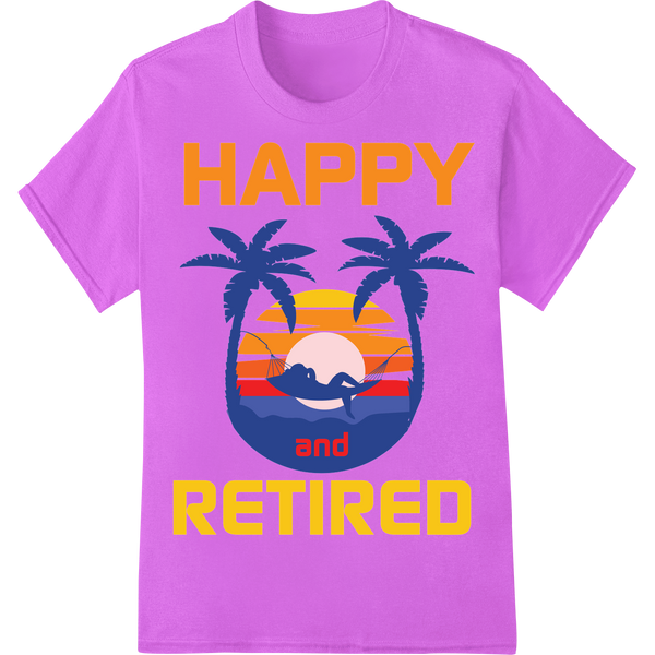 Tropical Sunset Retirement Celebration DTF Print Transfer on purple shirt - SUPERDTF-DTF Prints-DTF Transfers-Custom DTF Prints