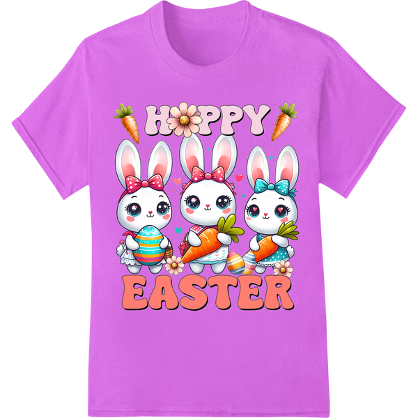 Adorable Cartoon Bunnies Celebrate 'HOPPY EASTER' on purple shirt - SUPERDTF-DTF Prints-DTF Transfers-Custom DTF Prints