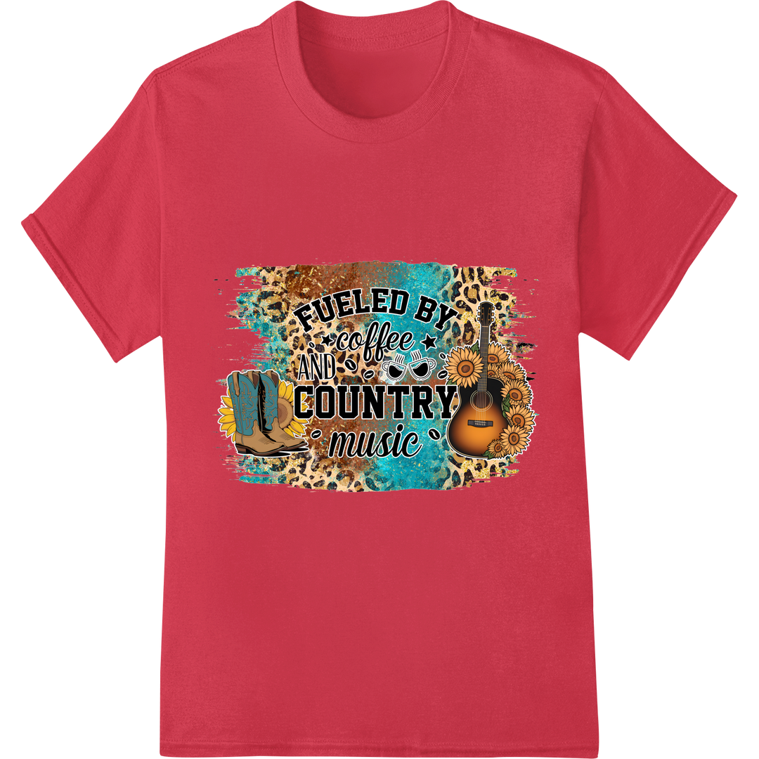 Fueled By Coffee And Country Music DTF Print Transfer on red shirt - SUPERDTF-DTF Prints-DTF Transfers-Custom DTF Prints