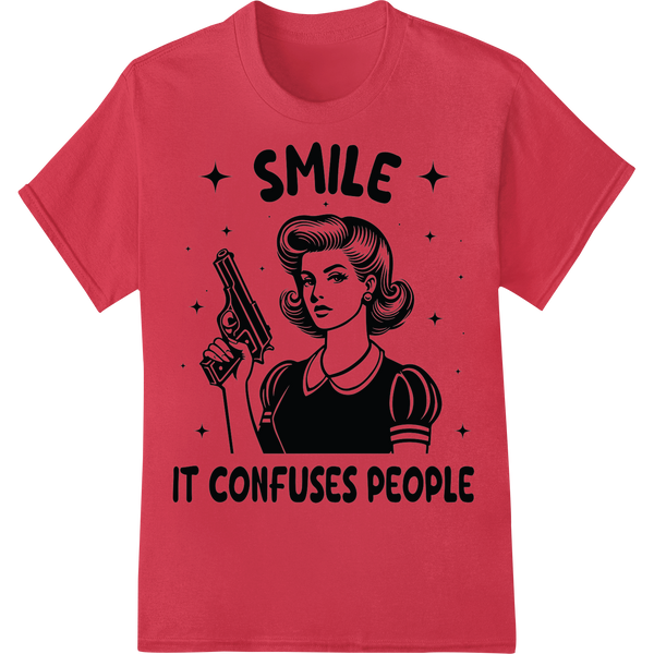 Retro Sass: Smile & Confuse DTF Print Heat Transfer on red shirt - SUPERDTF-DTF Prints-DTF Transfers-Custom DTF Prints