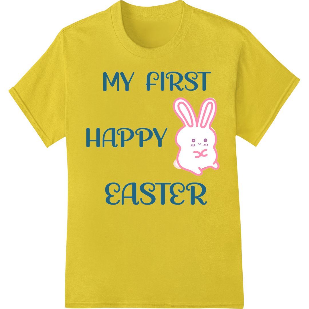 Adorable 'My First Happy Easter' Baby DTF Print Transfer on yellow shirt - SUPERDTF-DTF Prints-DTF Transfers-Custom DTF Prints