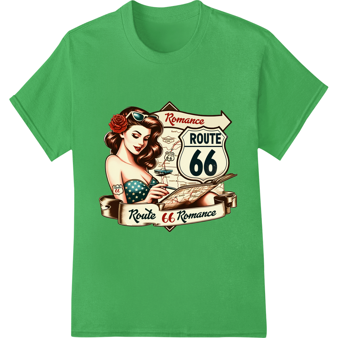 Vintage Pin-Up Girl Route 66 DTF Heat Transfer Print on green shirt - SUPERDTF-DTF Prints-DTF Transfers-Custom DTF Prints