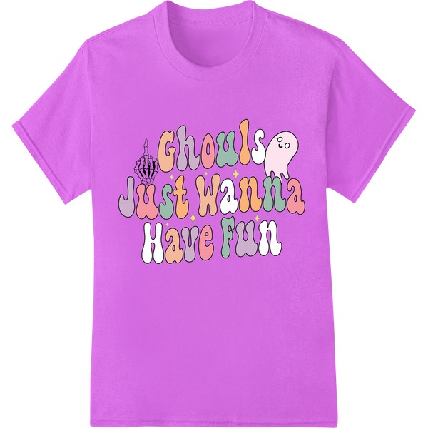 Adorable 'Ghouls Just Wanna Have Fun' Halloween DTF Print on purple shirt - SUPERDTF-DTF Prints-DTF Transfers-Custom DTF Prints