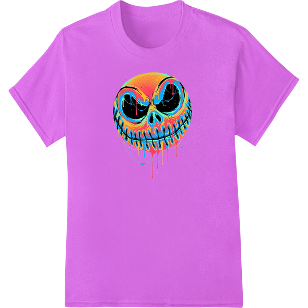 Vibrant skull graphic with colorful dripping paint effect, suitable for heat transfer printing onto t-shirts and apparel.