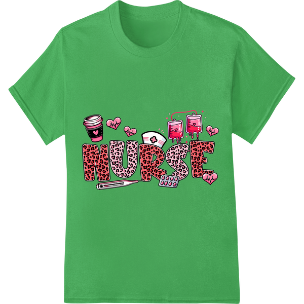 Fierce Love: NURSE Leopard Heart Valentine's DTF Print on green shirt - SUPERDTF-DTF Prints-DTF Transfers-Custom DTF Prints