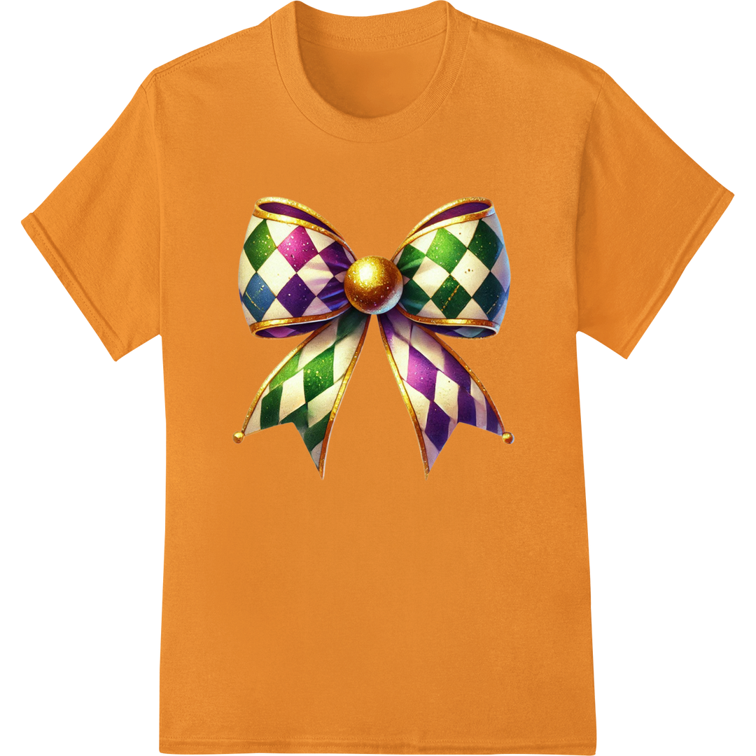 Festive Mardi Gras Bow DTF Print for Shirts & More on orange shirt - SUPERDTF-DTF Prints-DTF Transfers-Custom DTF Prints