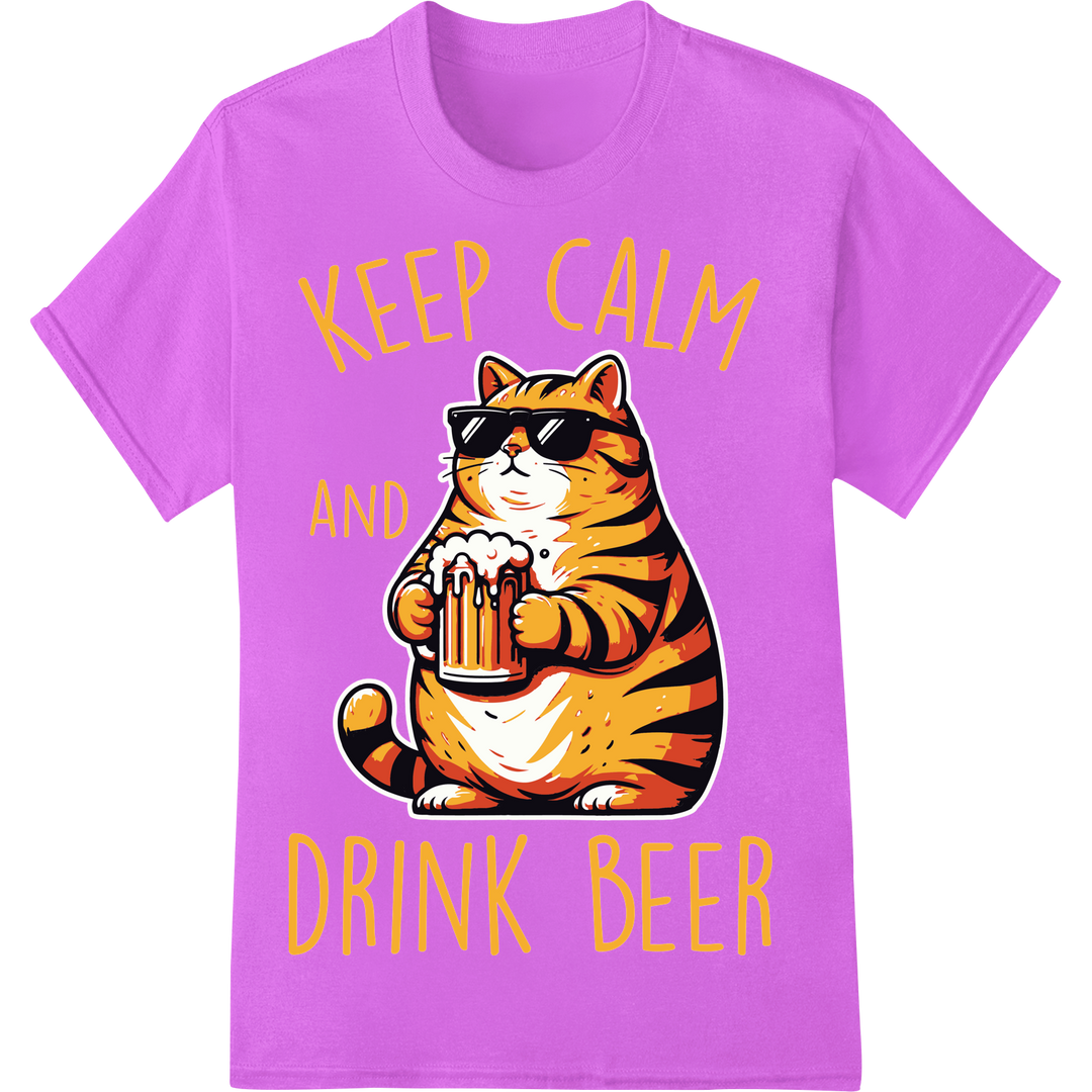 Keep Calm Cat Says Drink Beer Funny DTF Print Heat Transfer on purple shirt - SUPERDTF-DTF Prints-DTF Transfers-Custom DTF Prints