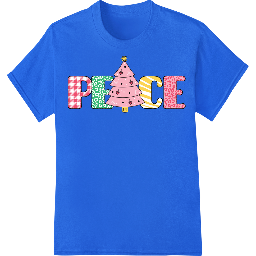 Whimsical Pink Christmas Tree - Trendy Holiday DTF Print on blue shirt - SUPERDTF-DTF Prints-DTF Transfers-Custom DTF Prints