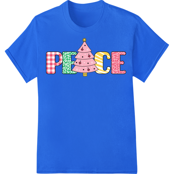 Whimsical Pink Christmas Tree - Trendy Holiday DTF Print on blue shirt - SUPERDTF-DTF Prints-DTF Transfers-Custom DTF Prints