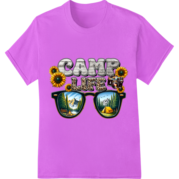 Adventurous Camping Sunglasses DTF Print | Outdoors Style on purple shirt - SUPERDTF-DTF Prints-DTF Transfers-Custom DTF Prints