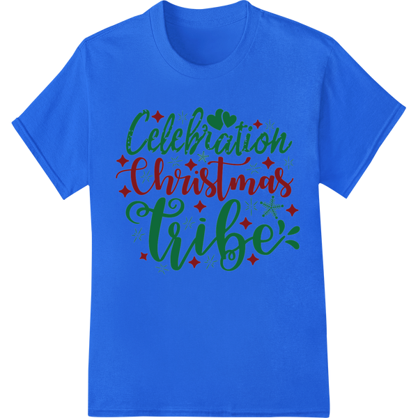 Festive 'Celebration Christmas tribe' Holiday Typography on blue shirt - SUPERDTF-DTF Prints-DTF Transfers-Custom DTF Prints