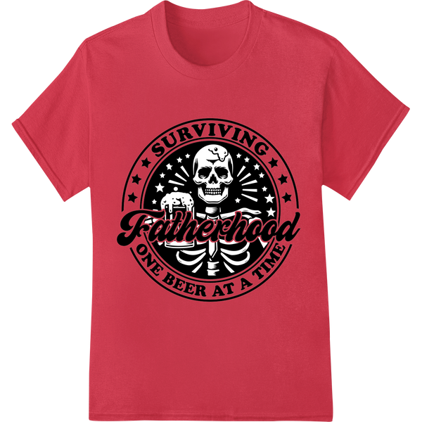 Surviving Fatherhood One Beer At A Time Skull DTF Print on red shirt - SUPERDTF-DTF Prints-DTF Transfers-Custom DTF Prints