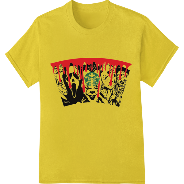 DTF heat transfer design featuring iconic horror villains Freddy Krueger, Jason Voorhees, Michael Myers, and Ghostface