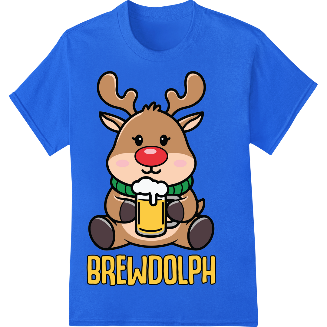 Adorable Brewdolph: Festive DTF Print for Christmas Cheer on blue shirt - SUPERDTF-DTF Prints-DTF Transfers-Custom DTF Prints