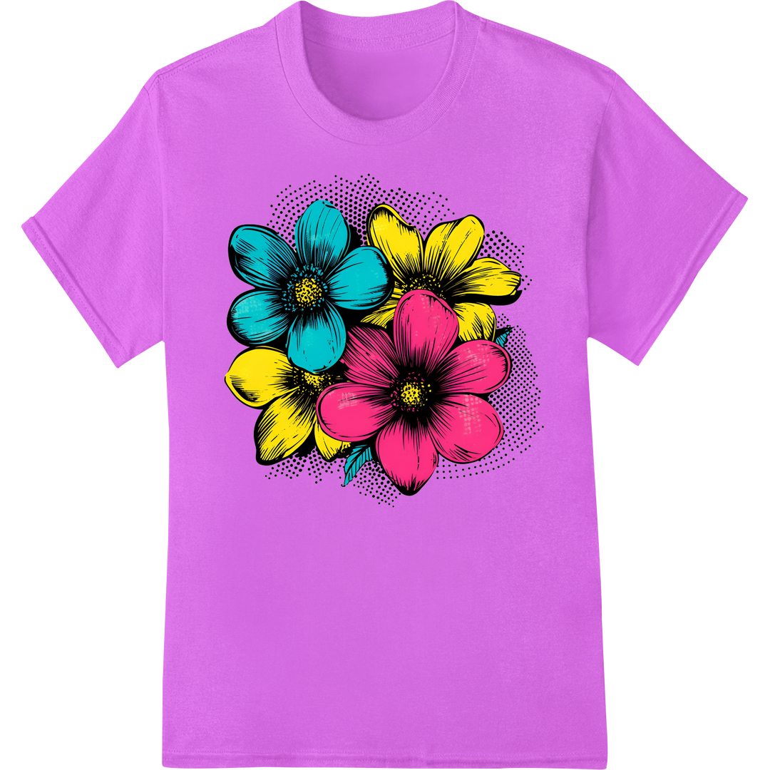 Vibrant Pop Art Flower DTF Print | Bold Colorful Graphic Design on purple shirt - SUPERDTF-DTF Prints-DTF Transfers-Custom DTF Prints