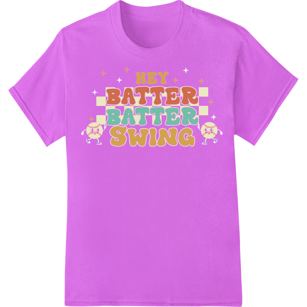 Baseball Mom's Cheer: 'Hey Batter Batter Swing' DTF Print on purple shirt - SUPERDTF-DTF Prints-DTF Transfers-Custom DTF Prints