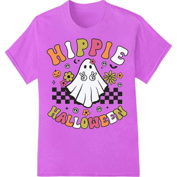 Retro 1960s style psychedelic hippie ghost illustration, with vibrant colors and groovy patterns for Halloween apparel