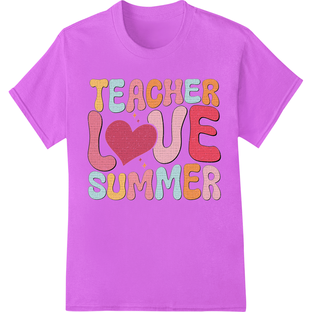 Retro 'Teacher Love Summer' Typography DTF Print Transfer on purple shirt - SUPERDTF-DTF Prints-DTF Transfers-Custom DTF Prints