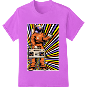 Retro Astronaut Blasts Off in Vibrant Stripes with custom innovative apparel printing artwork