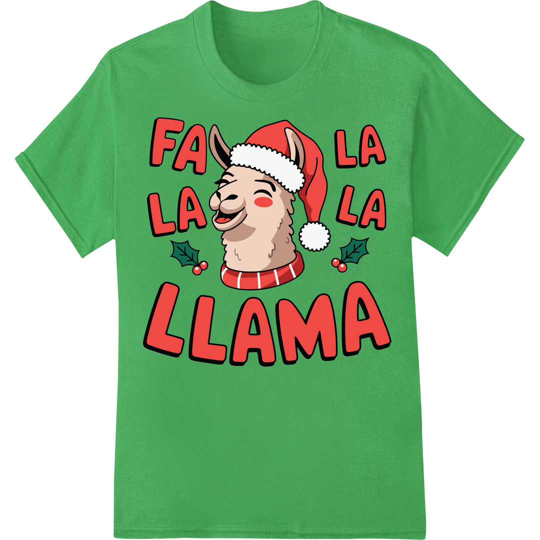 Fa La La La Llama: Festive & Fun Christmas DTF Print on green shirt - SUPERDTF-DTF Prints-DTF Transfers-Custom DTF Prints