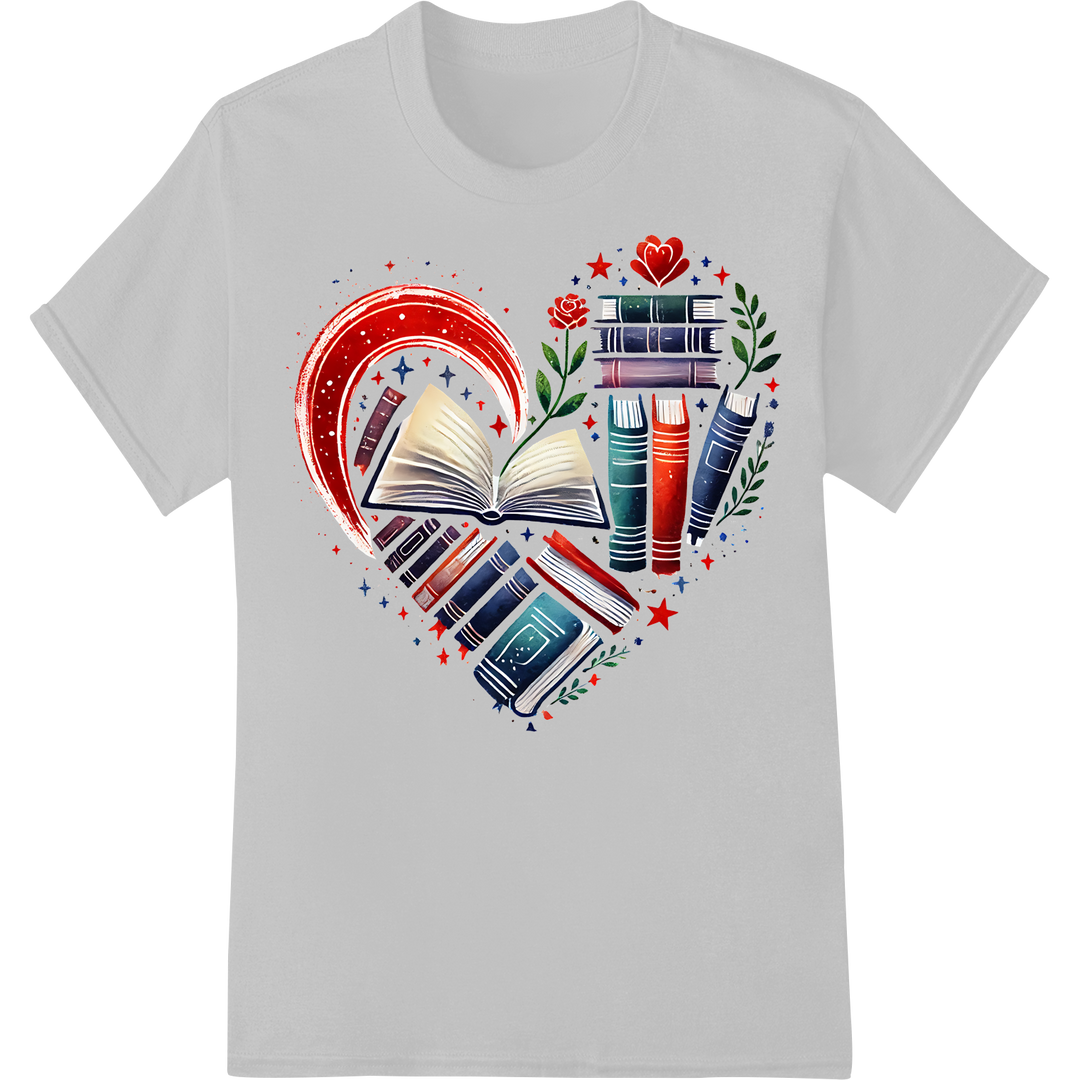 Book Lovers Unite: Vibrant DTF Print Heart Transfer on white shirt - SUPERDTF-DTF Prints-DTF Transfers-Custom DTF Prints