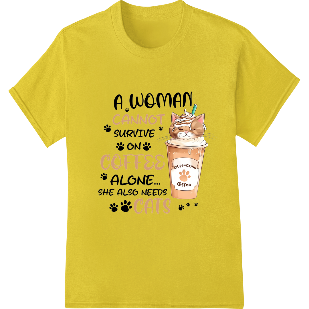 Funny Cat Coffee Lover DTF Print | Catpuccino Gift Idea on yellow shirt - SUPERDTF-DTF Prints-DTF Transfers-Custom DTF Prints