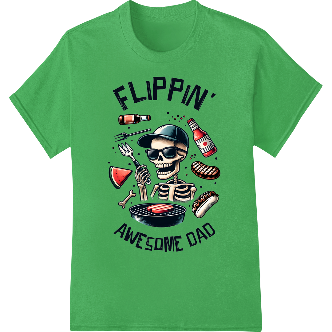 Flippin' Awesome Dad: Hilarious Skeleton BBQ DTF Print on green shirt - SUPERDTF-DTF Prints-DTF Transfers-Custom DTF Prints