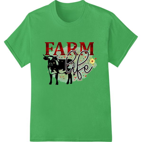 Cute farm scene with animals, a barn, and the text 'Farm Life Love' in a rustic style, printed using Direct to Film...