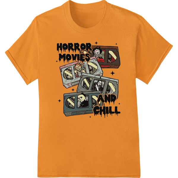 Creepy horror movie monster characters like Freddy Krueger, Michael Myers and Pennywise in a colorful mash-up design